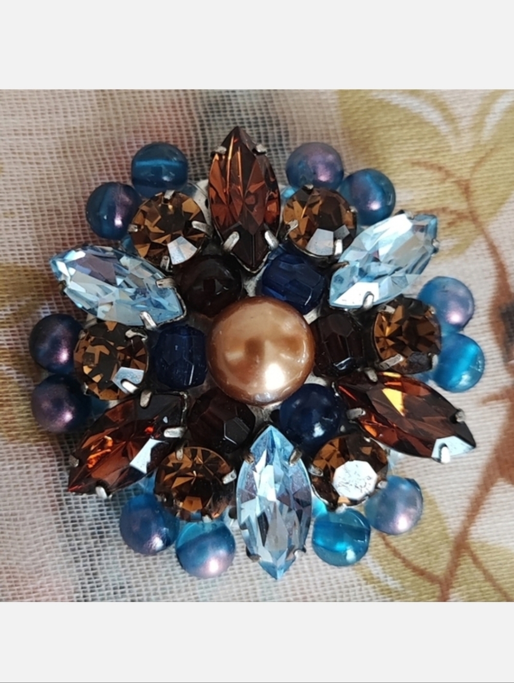 Vintage Rhinestone Faux Pearls Vintage Brooch Brown Topaz Blue Glass Silver Tone